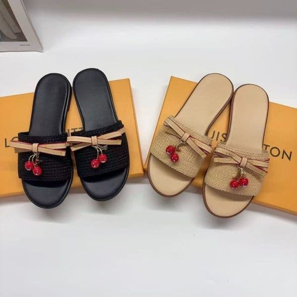 Voitton Designer Shoes Metal Sign Women's Cherry Bow Woven Flat Slides Sandals - Casual Open Toe Summer Beach Slippers Girlfriend Daughter Gift Plus Size 35-42