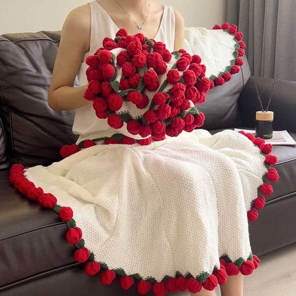 Finished Woven Blanket Rose Flower Blanket Bouquet Blanket Crochet Flower Bouquet Blanket Wedding New Year Valentines Day Gifts H260416