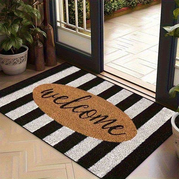 Gray Black Striped Welcome Floor Mat Creative Oval Sign Area - Indoor Outdoor Home Decor Bedroom Living Room Kitchen Rug 26L0416
