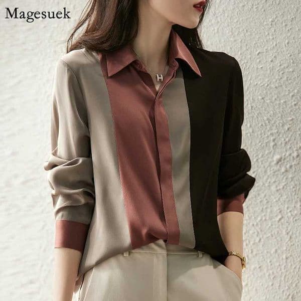2025 Women Satin Button Blouse Autumn New Vintage Long Sleeve Polo Collar Women Shirt Elegant Loose Tops Clothing 18146T260416