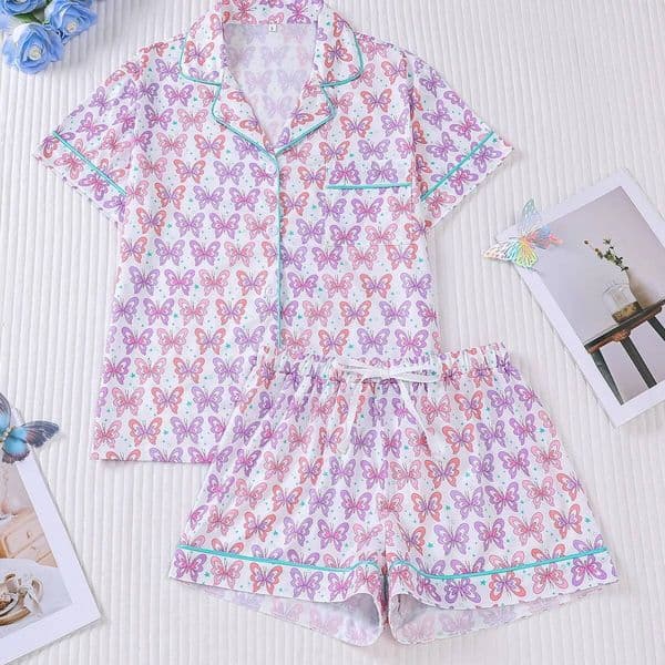 2Pcs Wholesale New European and American Pajama Printed Comfortable Same Collar Short Sleeve Shorts Set Home Clothes