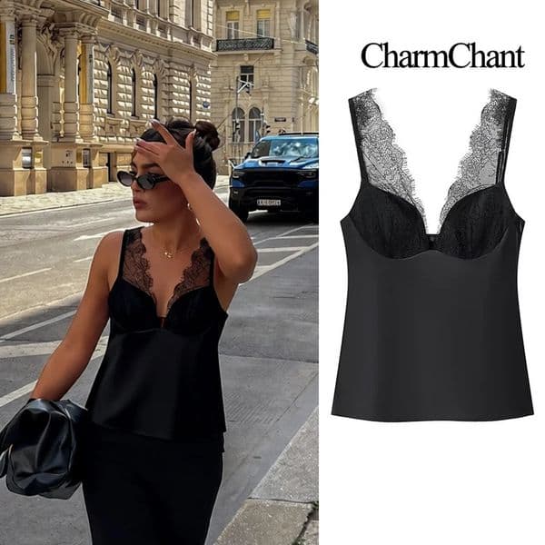 CharmChant Black Satin Lace V-Neck Camisole Top for Women Cropped Y2k Harajuku Fashion Elegant Sleeveless Shirt Blouse Female 260415