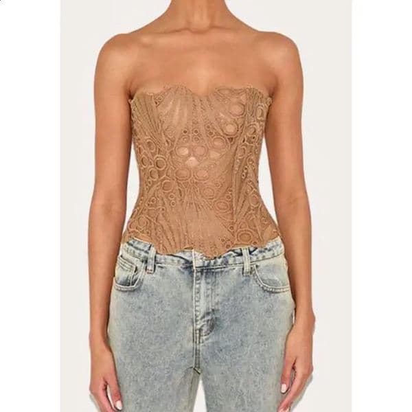 Combhasaki Women Floral Lace See-through Hollow Out Tube Tops Strapless Slim Bustier Corset Tied Bandage Backless Shapewear Vest 260415BJ