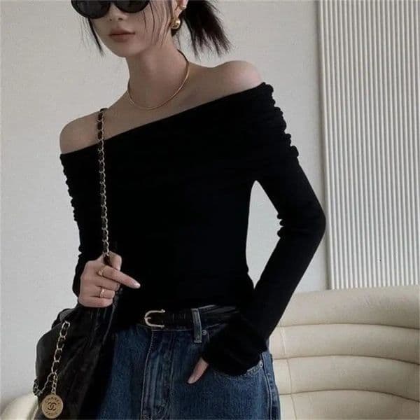 Black Sexy Tops Off Shoulder Long Sleeve T-shirt Womens Solid Elegant AutumnWinter Spicy Girl Slim Fit Short Red Crop Top 260416
