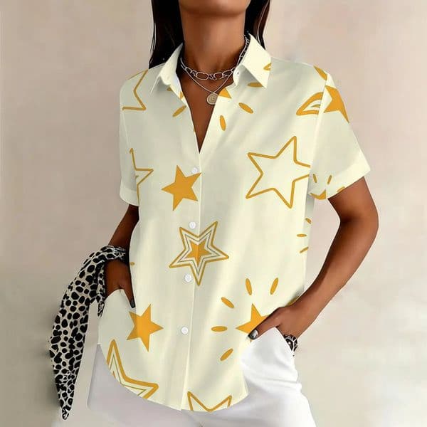 Simple and personalized star print womens summer collar short sleeved shirt fashionable casual daily versatile top 260416