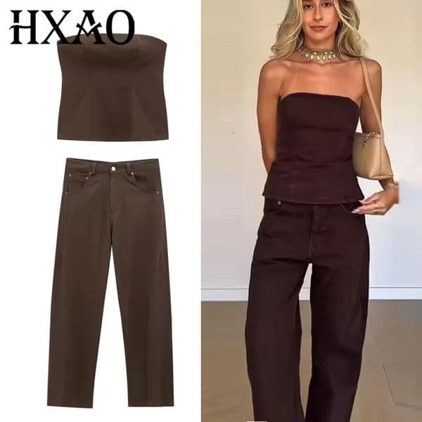 HXAO Jeans Pant Sets Womens Two Pieces Set Strapless Crop Top 2 Piece Sets Ladies Tanks Camis Baggy Denim Set Summer Outfits 260417