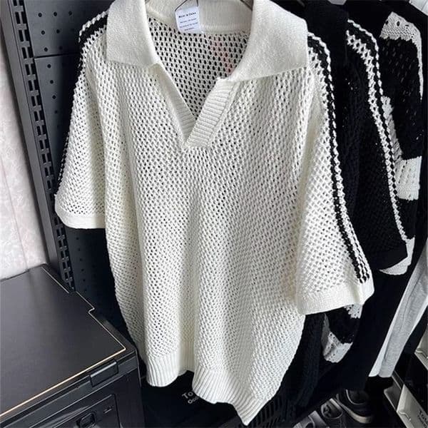 Vintage Hollow Out Knitted Polo Shirt Mens Fashion Striped Short Sleeve Lapel Mesh Tops Men Summer Casual Knitting Jumper 260416
