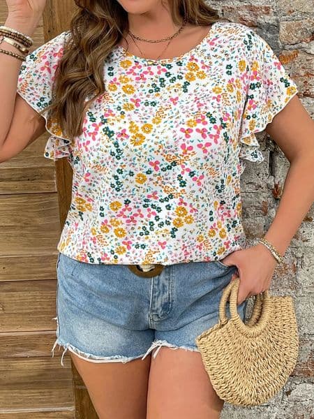 Plussize Womens Romantic Floral Print Loose Round Neck Puff Sleeve Casual Top 260416BANJIA