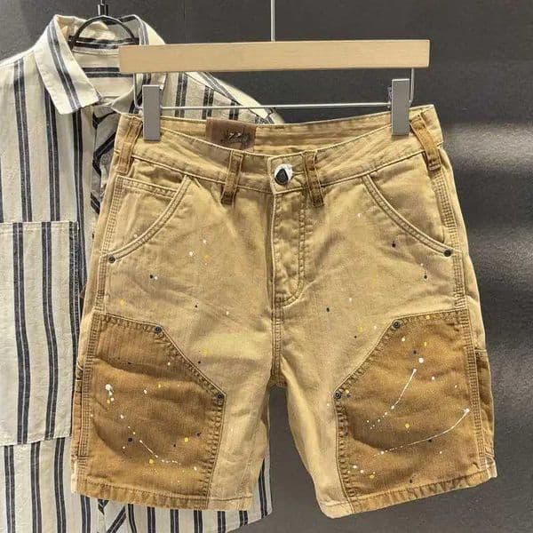 Splashed ink fashion splicing casual shorts mens loose straight handsome personality pure cotton five-quarter pants X260417