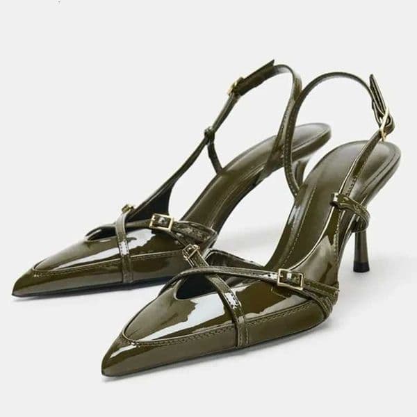 Fashion Pointed Toe Cross Tied Pumps Women High Quality Patent Leather Buckle Slingback Designer Shoe Elegant Banquet Dress Shoe X260417