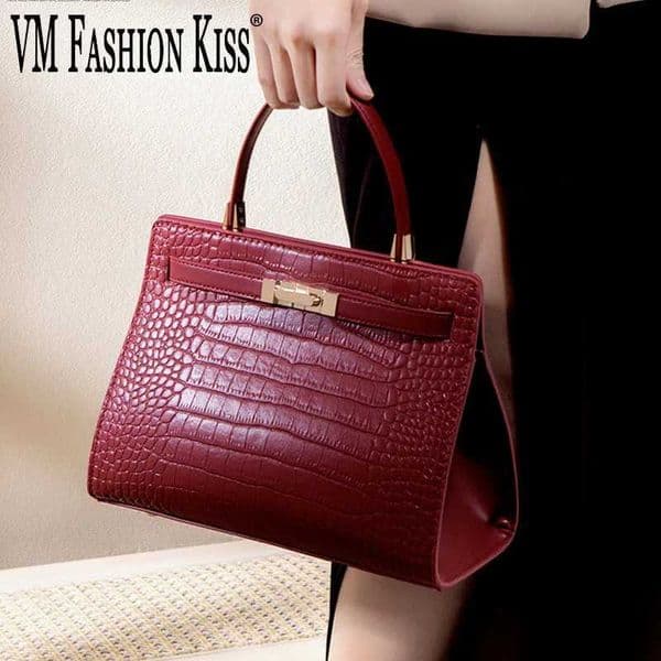 VM FASHION KISS 2026 Womens Burgundy Crocodile Pattern PU Leather Classic Top Handle Satchel Bag Metal Handbag H260417