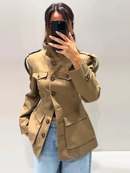 Stand Collar Khaki Cropped Trench Coat Jacket With Pockets Womens Spring Fall Button Front Slim Fit High Street Lady Outerwear 260324