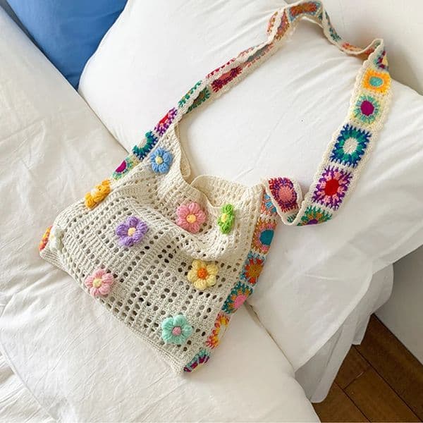 Trendy Large Capacity Boho Tote Bag Floral Crochet Handbag Vintage Multicolor Cut-out Knitted Fashionable Hollow out Handbag 260414BJ