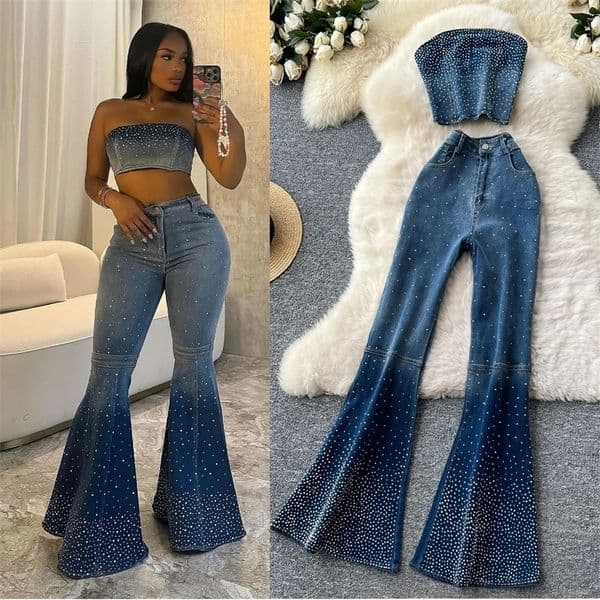 Denim Pant Set Women Two Piece Sets Sexy Matching Sets Sleeveless Short Tops Long Flare Pants High Waist Slim Diamond 260121BJ