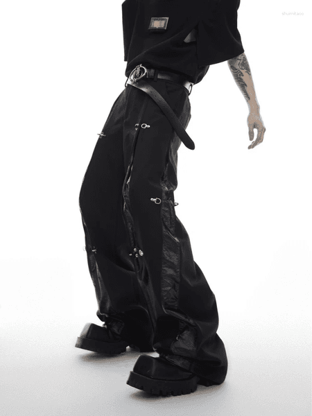 Men's Jeans Mens Trousers Harajuku Deconstructed Streetwear Metal Buckle Suit Pants Leather Patchwork Straight Leg Loose Fit Draped Casual