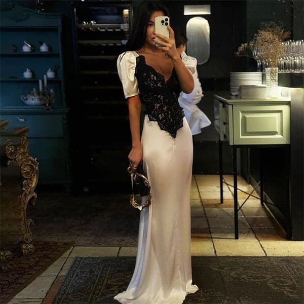 Talenza Elegant Lace Evening Dresses Sexy Deep V Satin Lace Patchwork Slim Long Dresses Womens High Waist Party Dresses 251018BJ