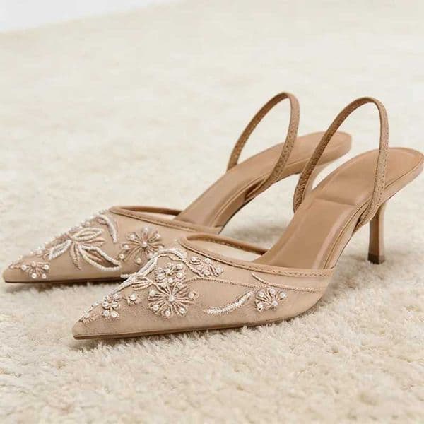 Luxury Mesh Embroidery High Heels Women Sexy Pointed Toe String Bead Slingback Heeled Sandals Summer Elegant Banquet Dress Shoes X260417