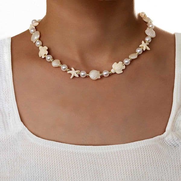 Summer beach breeze turquoise starfish shell necklace mixed and matched imitation pearl necktie womens necklace H260417