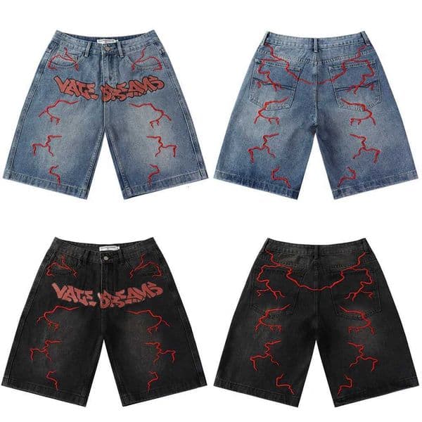 Skittle Printed Colorful Letter Lightning Embroidery Denim Washed Loose Shorts for Men Harajuku Streetwear Baggy Jeans Oversized X260417