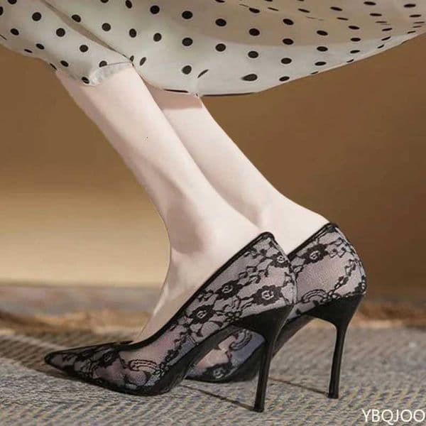 Womens Shoes Breathable Lace Mesh Sexy High Heels Design Sense Niche Temperament Pointed Thin Single Shoes Versatile Solid X260417