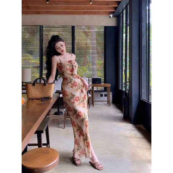 Floral Print Strapless with High Slit, Gentle Tea Party Style, New Spring Women's Slim-Fit Bodycon Dress