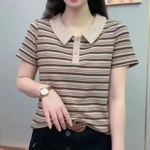 Women's Polos Striped Cotton Polo Shirt Short Sleeve Loose Casual Summer Top In Brown