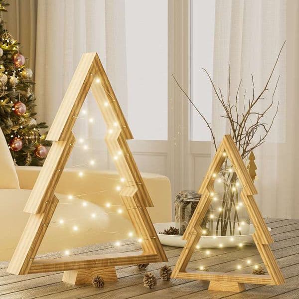 Modern LED Wood-Finished Christmas Tree with Warm Lighting for Tables & Shelves