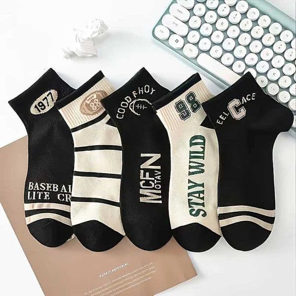 5 Pairs Womens Breathable Summer Ankle Socks Stylish Letter Striped Polyester-Spandex Blend for Daily Outdoor Wear Z260417