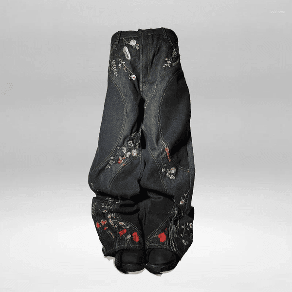 Men's Jeans Y2K Blossom Baggy Trendy Floral Embroidery Streamlined Seams Unisex Streetwear Retro Harajuku Style Oversized Fit Pants