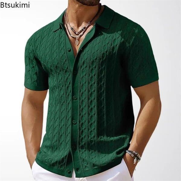 2026 Mens Striped Short Sleeve Knitted Shirts Summer Comfy Breathable Casual Business Polo Shirts Men Golf Sport Loose Tops 260416