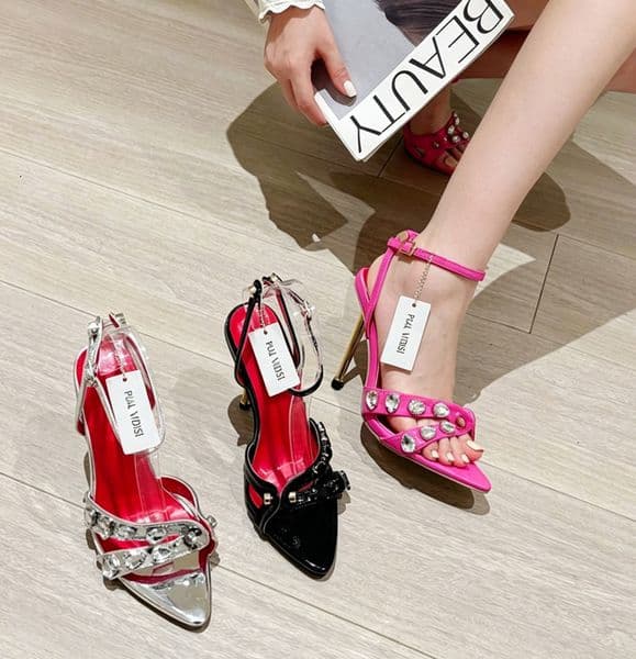Women's Stiletto Heels Ankle Strap Party Spring Collection Pointed Toe Open-Toe Rhinestone High-Heel Sandals with Thin Heel