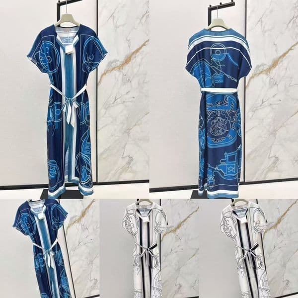 fashion designer Spring/Summer New Fashion V-neck Kaftan Split Striped Printed Short Sleeve Dress Fashion Tie-up Skirt Women's Trendy Look
