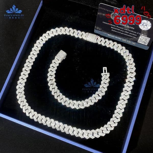 Fancy Jewelry Ice 12mm VVS Moissanite Classic Cuban Link Chain Hip Hop Luxury 925 Sterling Silver Diamond Bracelet Necklace