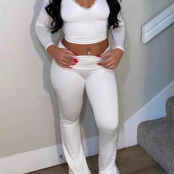 CMYAYA Womens Set Long Sleeve lace Crop Tshirt Flare Pants Active Fitness Streetwear Two 2 Piece Sets Outfits Tracksuit 251015BJ