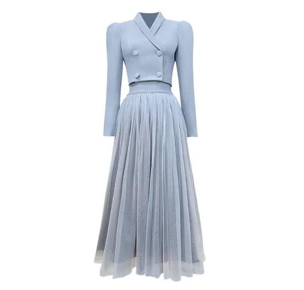 Women's Fashion Short Suit Set with Long Sleeve Blazer and Lace Skirt Two Piece Sets