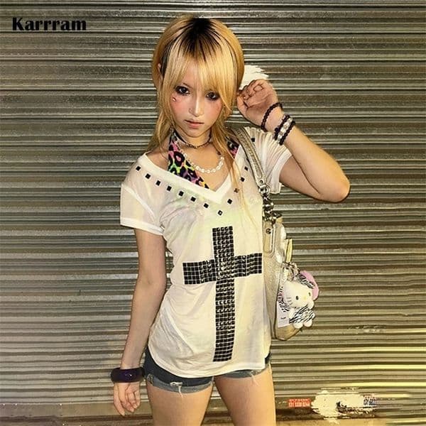 Karrram Japanese Y2k Metal Cross Print T-shirt Vintage Harajuku Short Sleeve Sheer Tops Trashy 2000s V-neck Streetwear Grunge 260108BJ