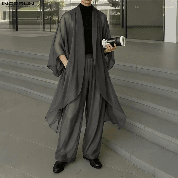 Men's Tracksuits INCERUN Men Sets Chiffon Solid See Through Open Stitch Long Style Shirt & Pants 2PCS Streetwear Loose Fashion Casual Suits