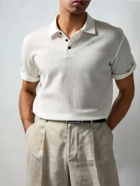 Men's Polos Short-sleeved Polo Shirt - Breathable Seersucker Fabric Collar Design Suitable For Both Business And Casual Occasions
