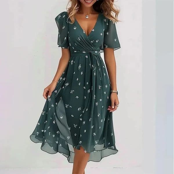 Elegant And Fashionable Printed Knee Length Dress For Women Loose Casual V-neck Floral Printed Dress Femme Robe 260416BJ