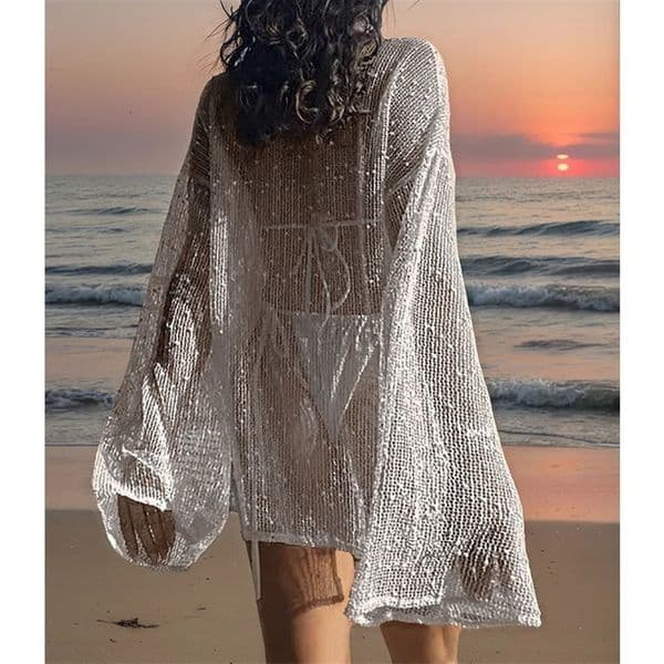 Pure Color Hollow Out Side Slit TopCasual Loose Fit Long Sleeve Beach Cover-UpVacation StylePlain PatternFashion Beachwear 260401BJ