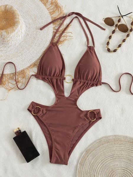 Women's Swimwear Chocolate Brown Halter One-Piece Swimsuit Cutout Design Metal Ring Decor High Cut Bathing Suit For Beach Vacation