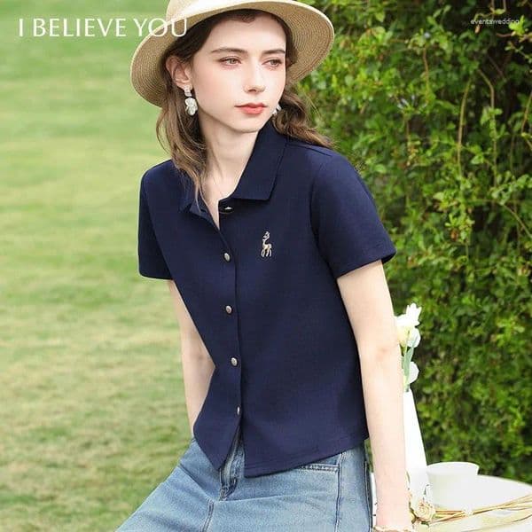 Women's Polos I BELIEVE YOU Short-sleeved Polo Shirt For Women 2026 Turn Down Collar Embroidery Casual Elegant Tops 2261016243
