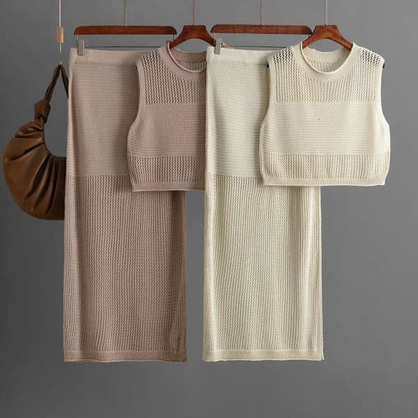 Holiday Beach Slim-fit Hollow-out Sleeveless Vest Skirt Suit Summer Knitted Tops Vented Skirt Women Two-piece Set 260416