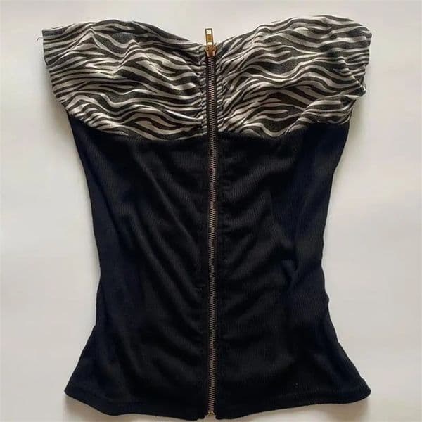 Korean Bodysuit Zebra Stripes Zipper Tank Tube Crop Top Woman Punk Goth Clothes Y2k Summer Slim Shirt Grunge Streetwear Camisole 251015BJ