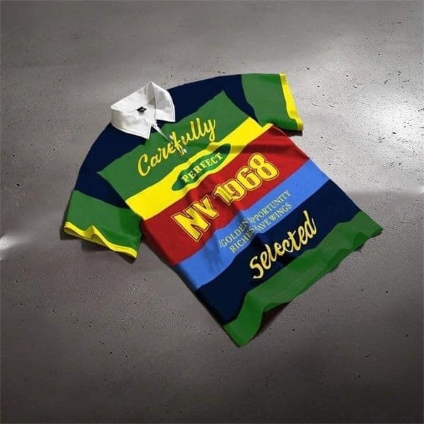 American Vintage Style POLO Shirt Colorful Striped Letter 3D Printed Tops Men And Women Fashion Lapel Streetwear 251027BJ