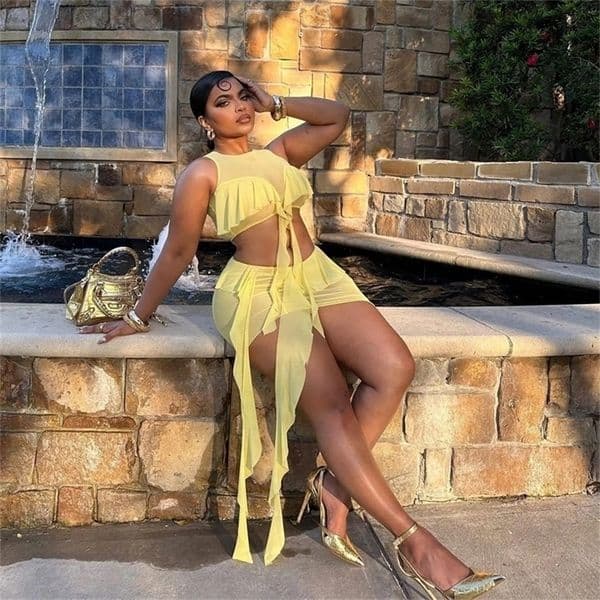 Mesh Ruffle Dress 2 Piece Skirt Sets Summer Women Party Beach Vacation Club Dress Sexy Elegant Two Piece Set Outfit 250113BJ