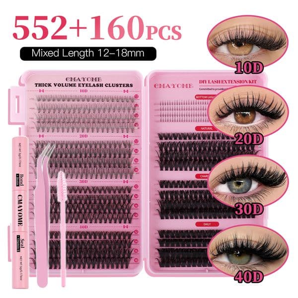 712 Clusters DIY Lashes Kit with Lash Bond and Seal Strong Hold Thick Fluffy DIY Eyelash Extensions D Curled Soft Lightweight, Reusable Eyelashes Natural Look