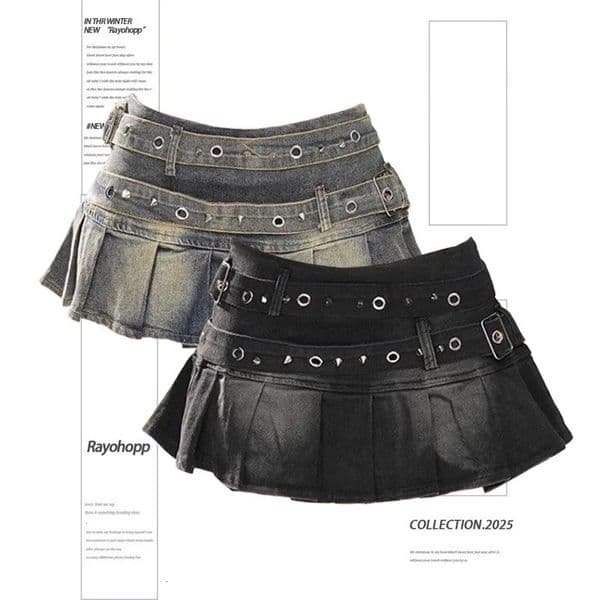 Womens Blue Black Riveted Belt Denim Skirt Y2K Harajuku High Street Fashion 90s Sexy Aline Mini Summer Clothing 2025 260407