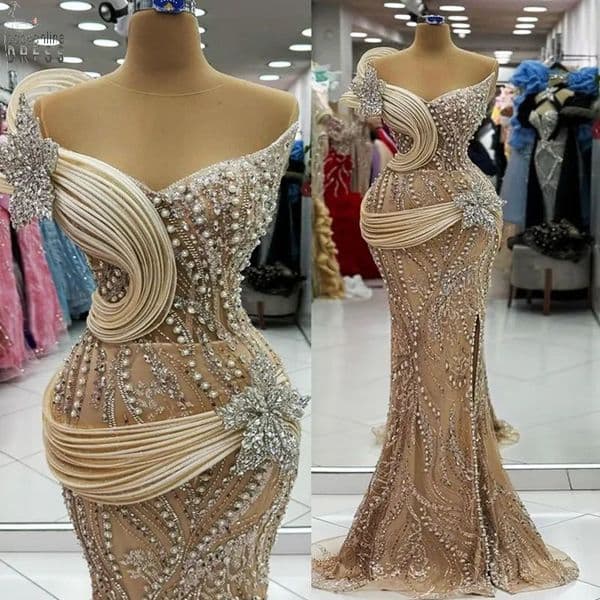 Champagne Pearls Prom Dresses Sexy Beaded Crystal Applique Evening Dress Sequined Lace Floor Length Party Gown Customized