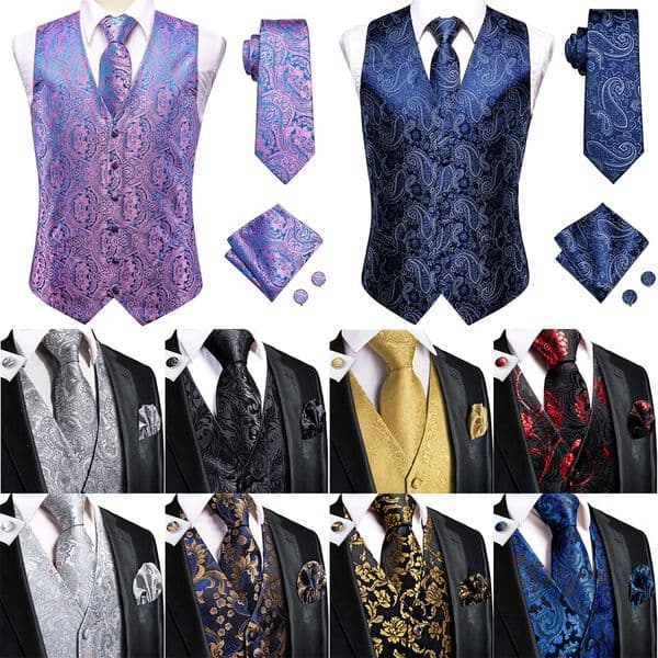 Wedding Purple Men Vest Paisley Floral Necktie Handkerchief Cufflinks Sets Blue Green Red Male Sleeveless VNeck Waistcoat Party 260416